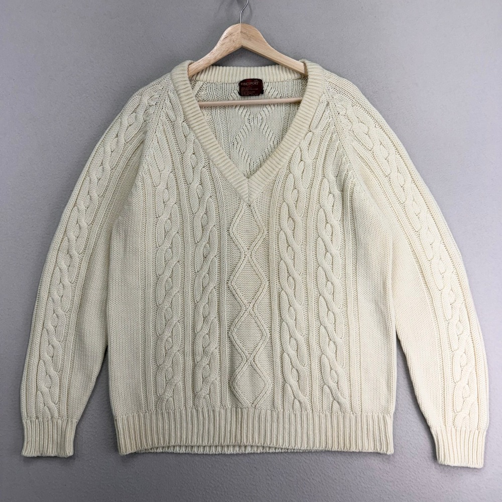 Vintage 80s Kinsport Cricket Sweater sz Large‎ Cream Fisherman V-Neck Cable Knit